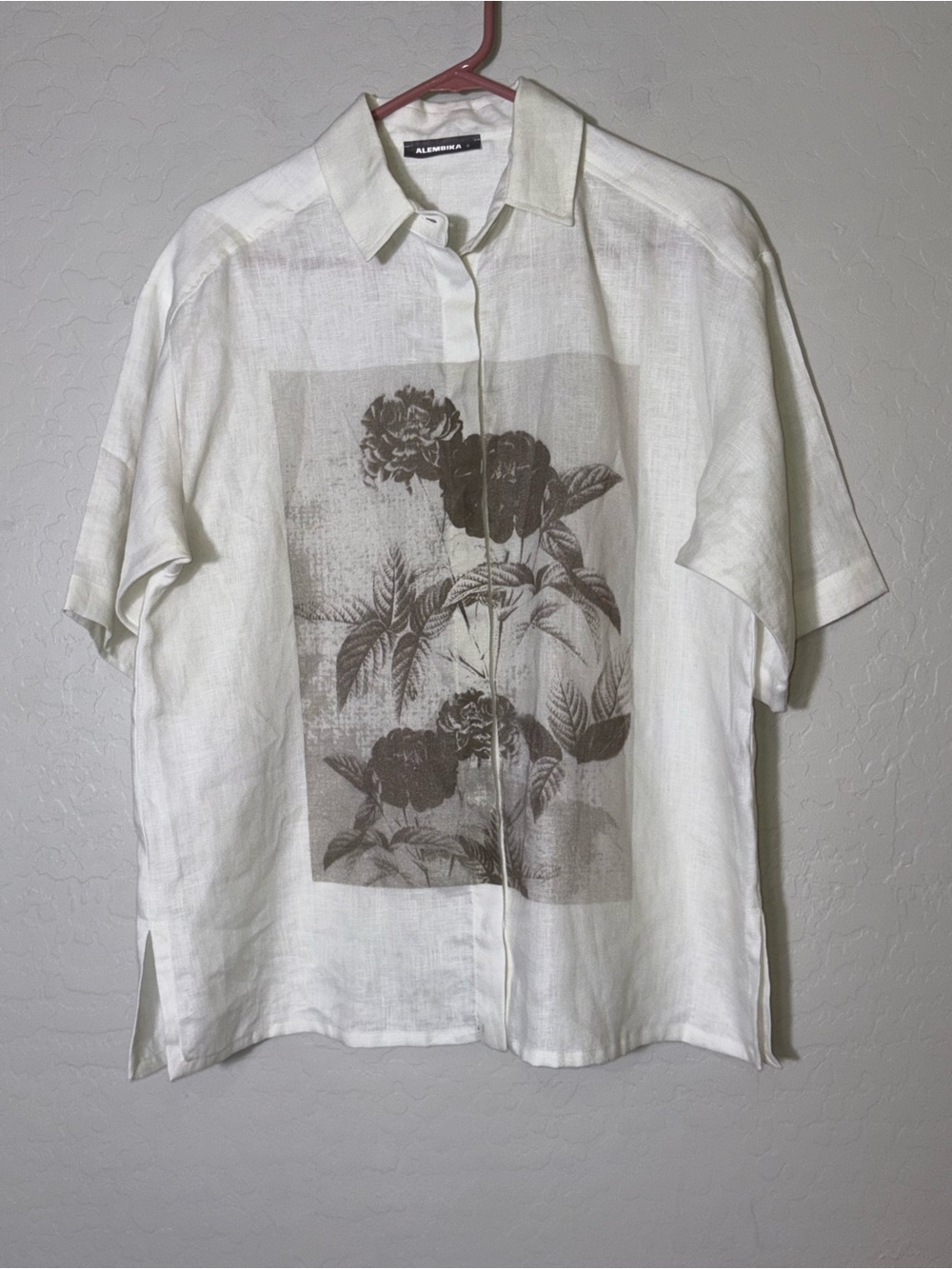 Alembika 100% Linen Coastal Floral Graphic print Button Down Women’s Shirt Small